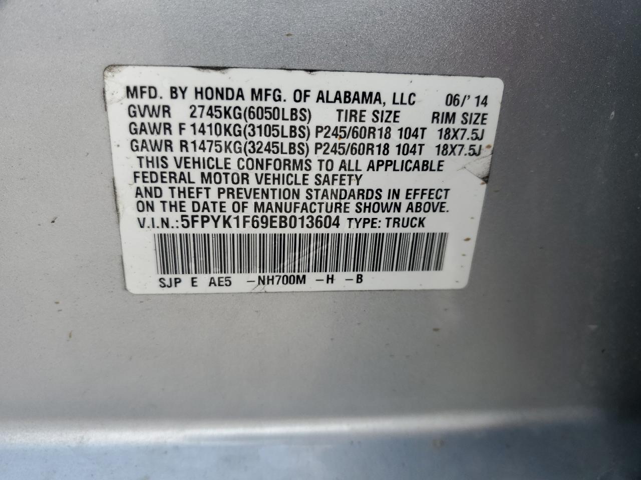 2014 Honda Ridgeline Rtl-S VIN: 5FPYK1F69EB013604 Lot: 57229155