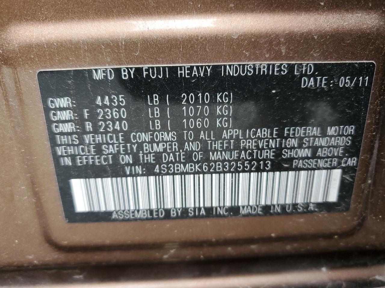 2011 Subaru Legacy 2.5I Limited VIN: 4S3BMBK62B3255213 Lot: 56696335