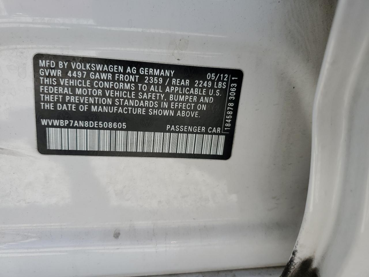 2013 Volkswagen Cc Sport VIN: WVWBP7AN8DE508605 Lot: 58854295