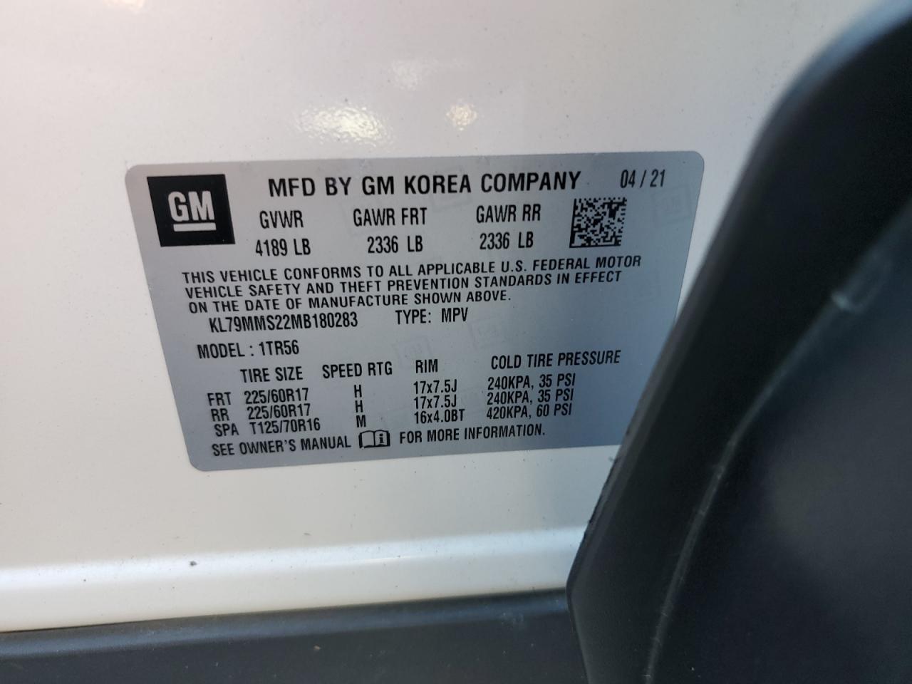 2021 Chevrolet Trailblazer Ls VIN: KL79MMS22MB180283 Lot: 56874365