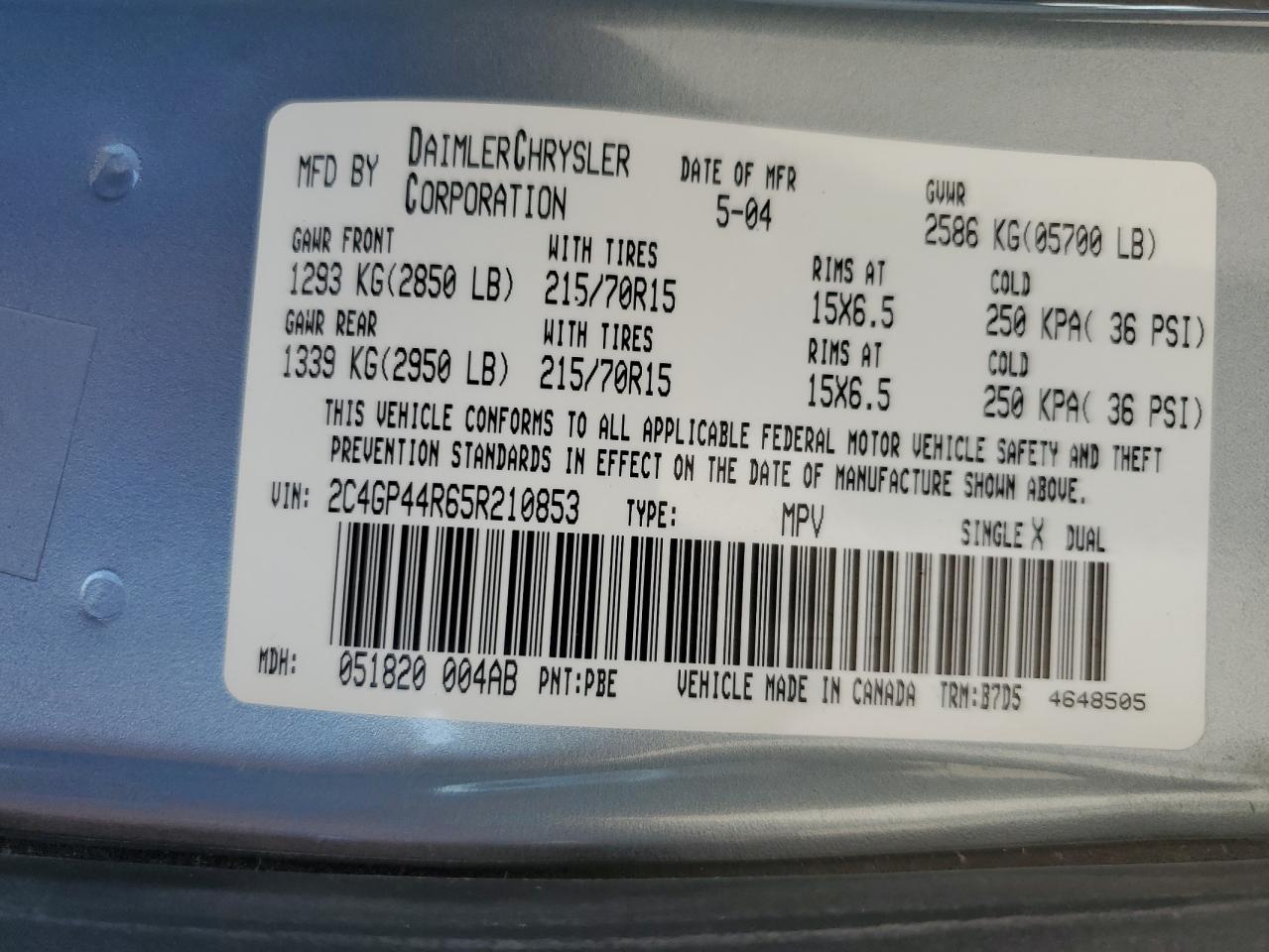 2005 Chrysler Town & Country Lx VIN: 2C4GP44R65R210853 Lot: 56538065