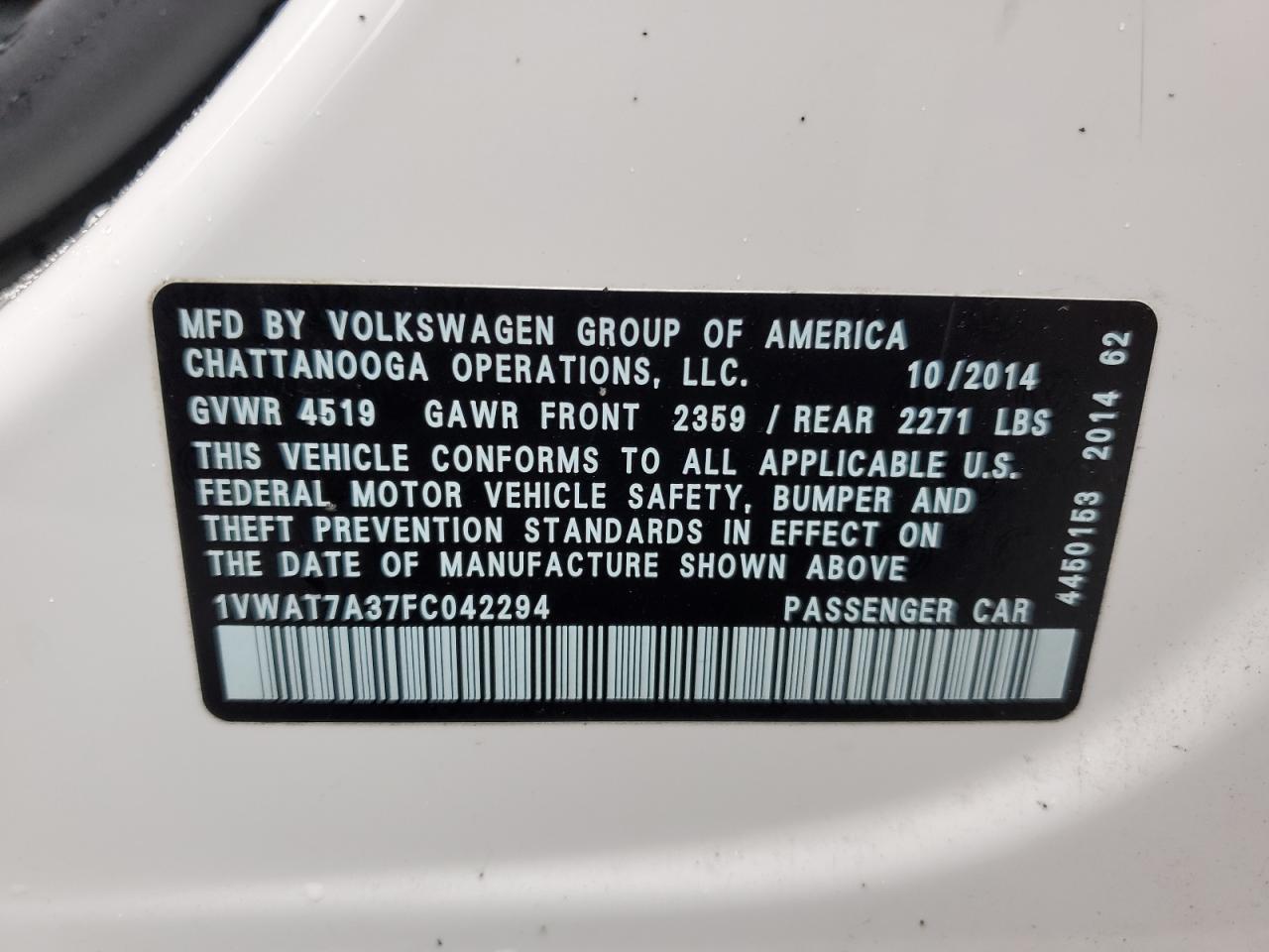 2015 Volkswagen Passat S VIN: 1VWAT7A37FC042294 Lot: 56755805