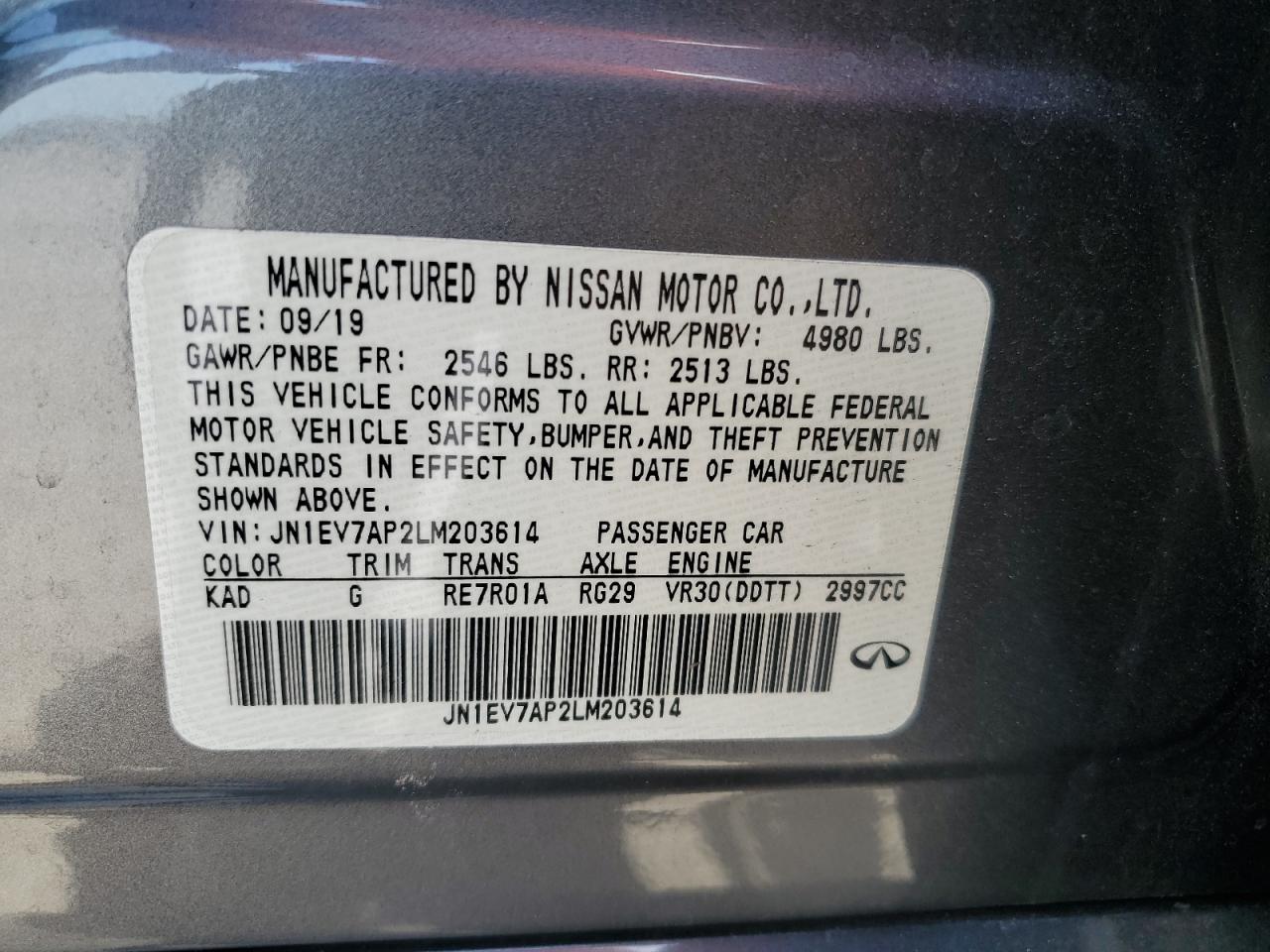 2020 Infiniti Q50 Pure VIN: JN1EV7AP2LM203614 Lot: 57346785