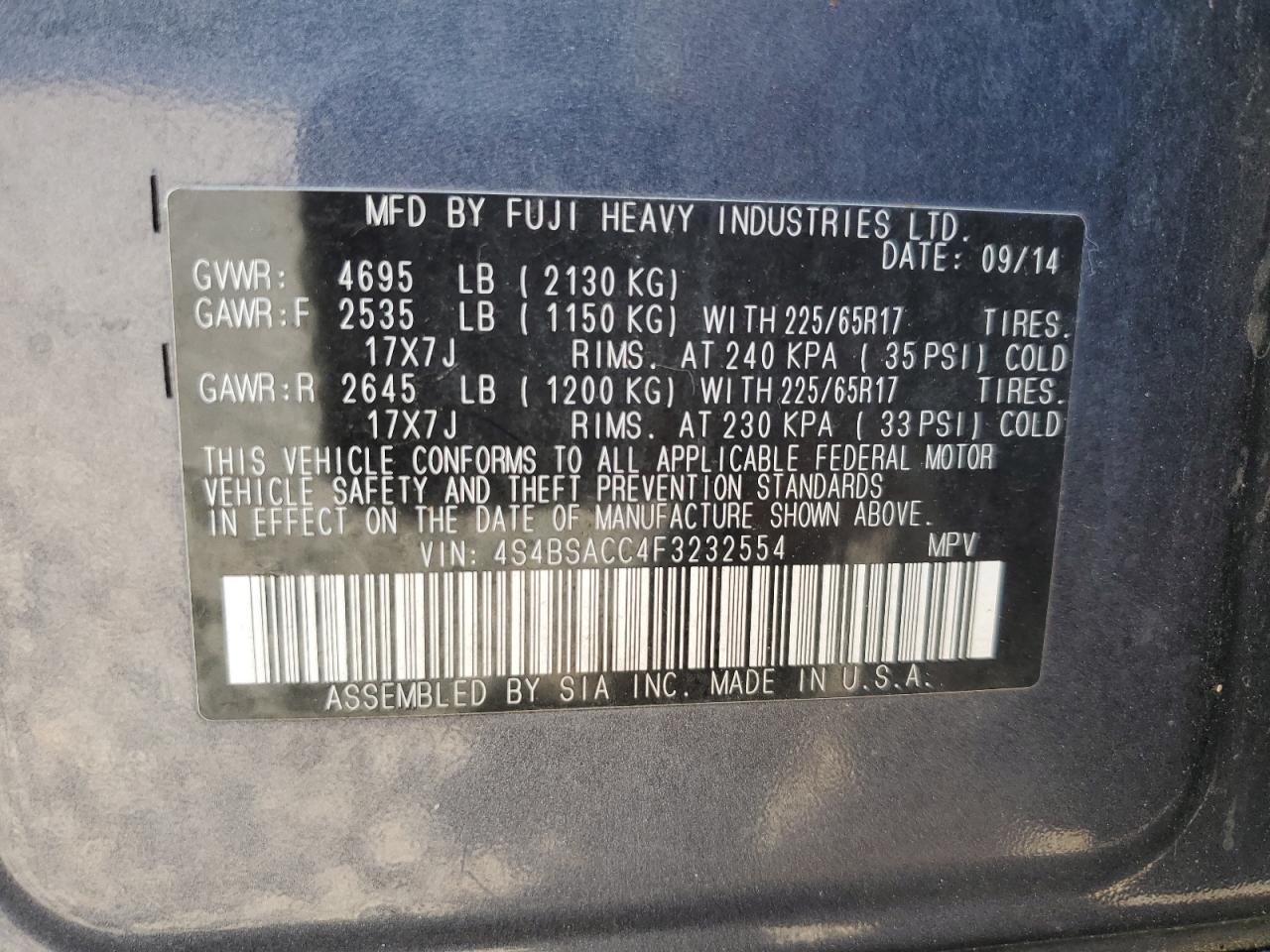 2015 Subaru Outback 2.5I Premium VIN: 4S4BSACC4F3232554 Lot: 58927385