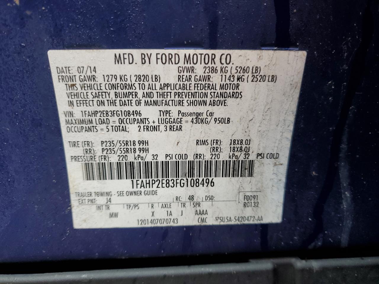 2015 Ford Taurus Sel VIN: 1FAHP2E83FG108496 Lot: 57617255