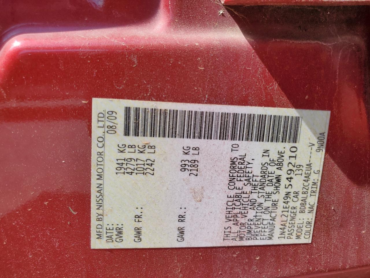 2009 Nissan Altima 2.5 VIN: 1N4AL21E49N549210 Lot: 56127335