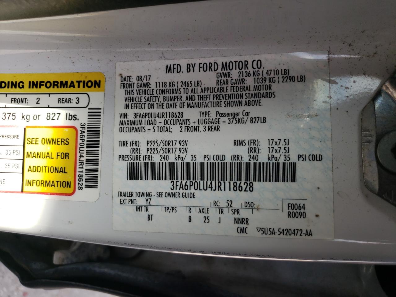 2018 Ford Fusion Se Hybrid VIN: 3FA6P0LU4JR118628 Lot: 54033085