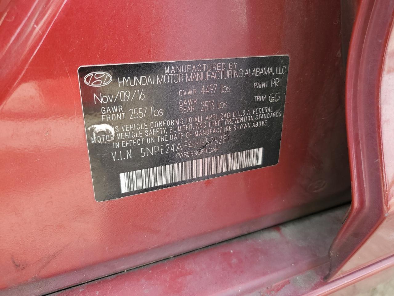 2017 Hyundai Sonata Se VIN: 5NPE24AF4HH525281 Lot: 56968485