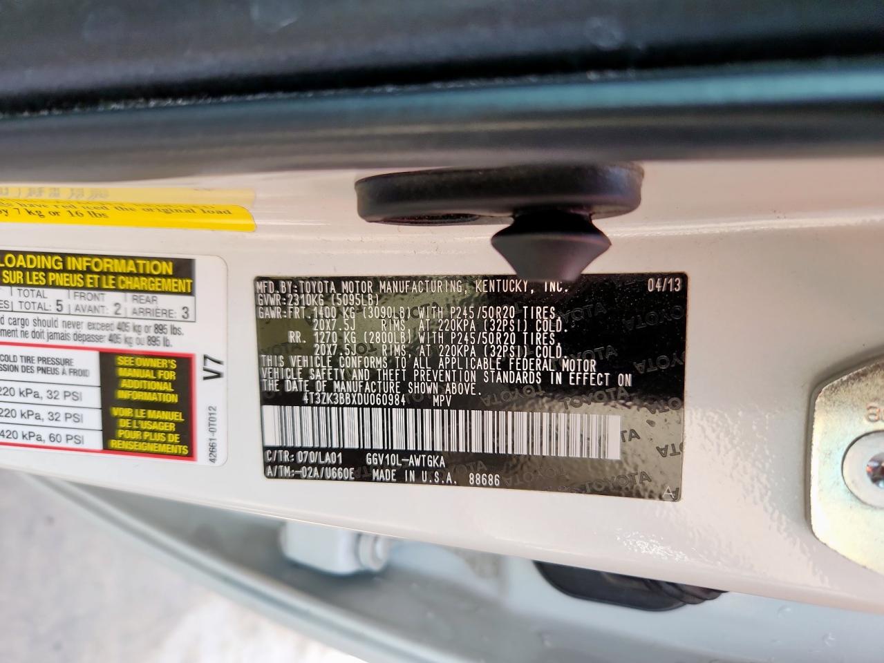 2013 Toyota Venza Le VIN: 4T3ZK3BBXDU060984 Lot: 57264285
