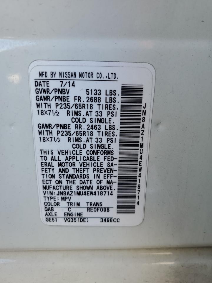 2014 Nissan Murano S VIN: JN8AZ1MU4EW418714 Lot: 56970035