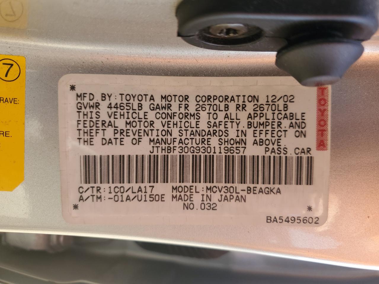 2003 Lexus Es 300 VIN: JTHBF30G930119657 Lot: 56414935