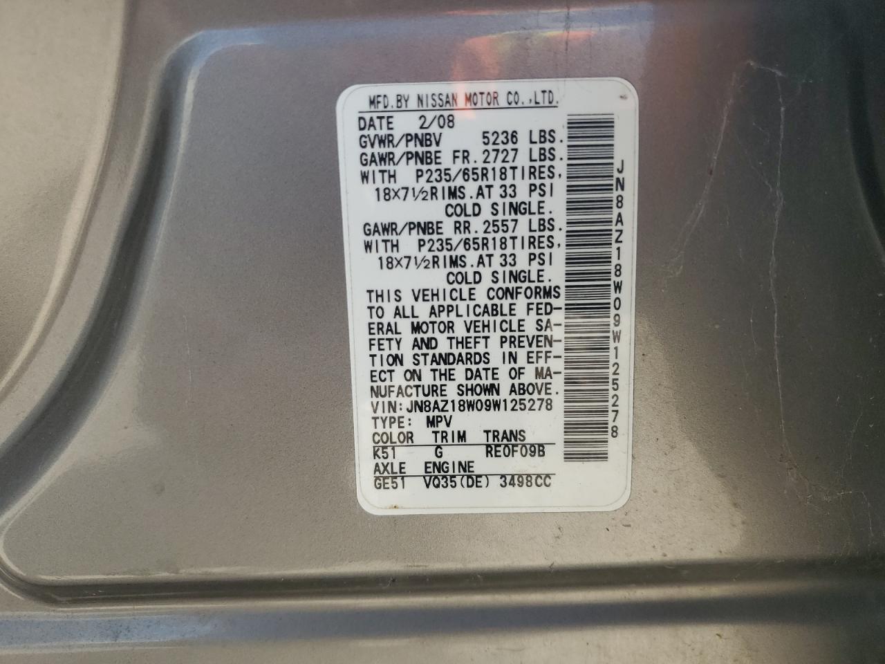 2009 Nissan Murano S VIN: JN8AZ18W09W125278 Lot: 58233835