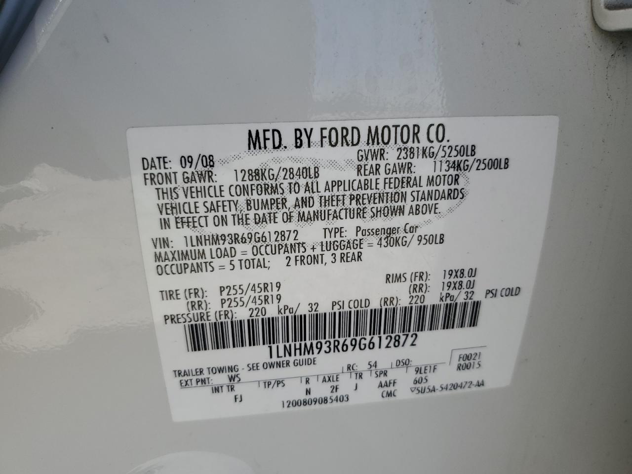2009 Lincoln Mks VIN: 1LNHM93R69G612872 Lot: 56914465
