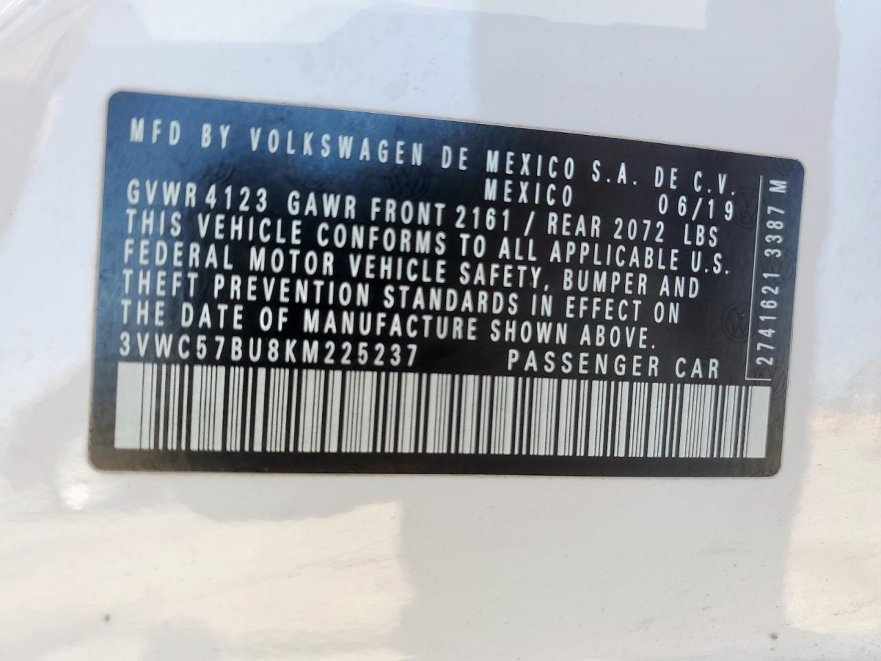 2019 Volkswagen Jetta S VIN: 3VWC57BU8KM225237 Lot: 58074775