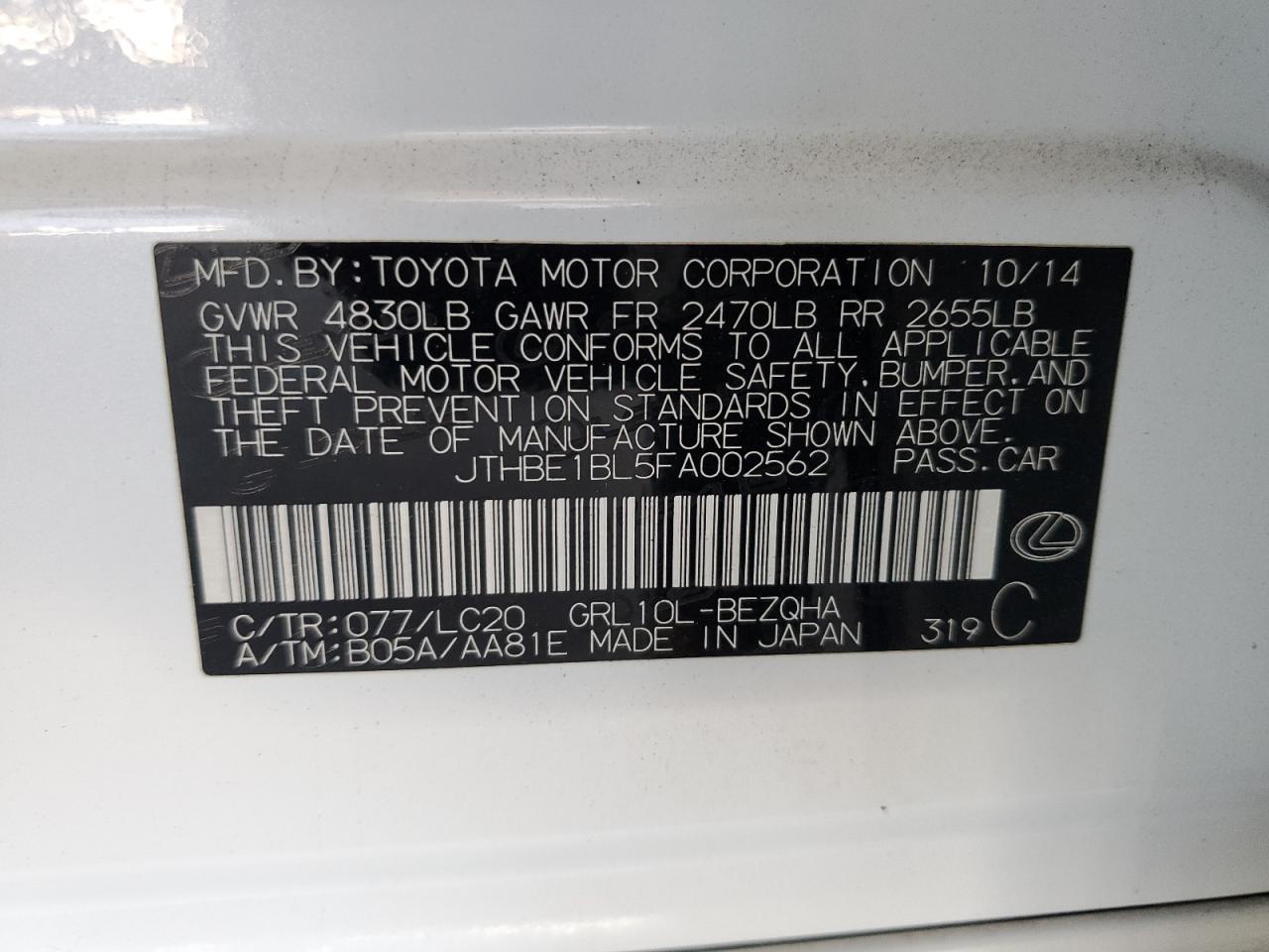 2015 Lexus Gs 350 VIN: JTHBE1BL5FA002562 Lot: 56594995