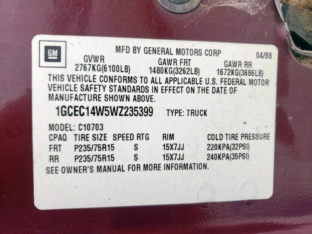 1998 Chevrolet Gmt-400 C1500 VIN: 1GCEC14W5WZ235399 Lot: 58869615