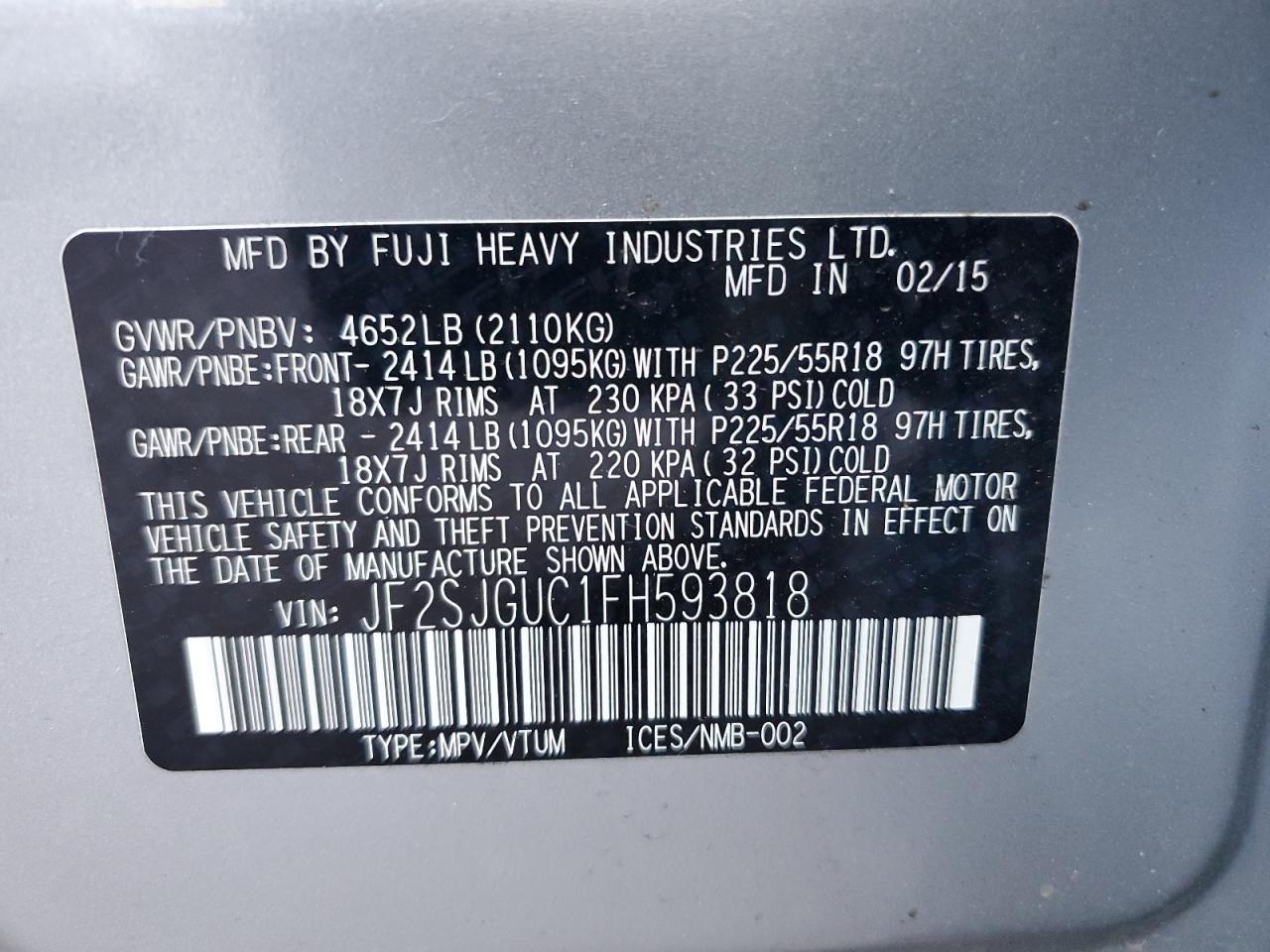 2015 Subaru Forester 2.0Xt Touring VIN: JF2SJGUC1FH593818 Lot: 59205455