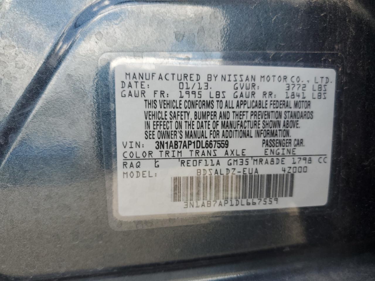 2013 Nissan Sentra S VIN: 3N1AB7AP1DL667559 Lot: 56777275