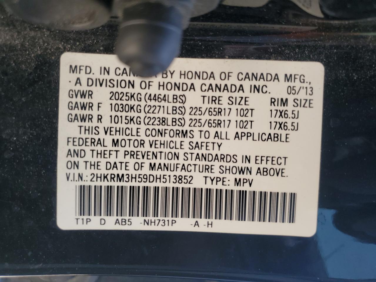 2013 Honda Cr-V Ex VIN: 2HKRM3H59DH513852 Lot: 57803855