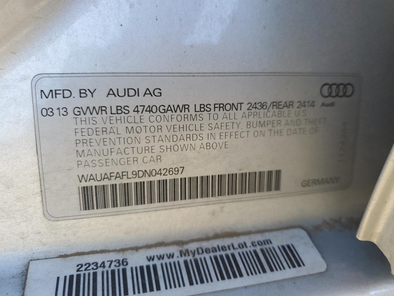 2013 Audi A4 Premium VIN: WAUAFAFL9DN042697 Lot: 56768315