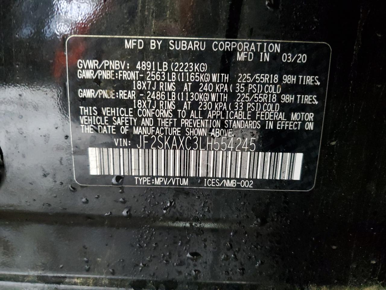 2020 Subaru Forester Touring VIN: JF2SKAXC3LH554245 Lot: 58601385