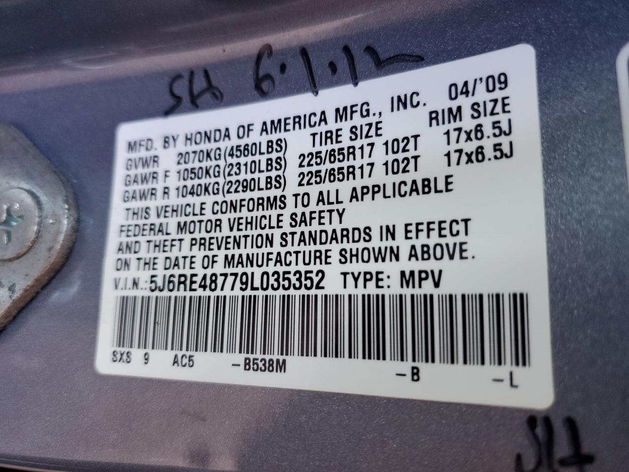 2009 Honda Cr-V Exl VIN: 5J6RE48779L035352 Lot: 56763835
