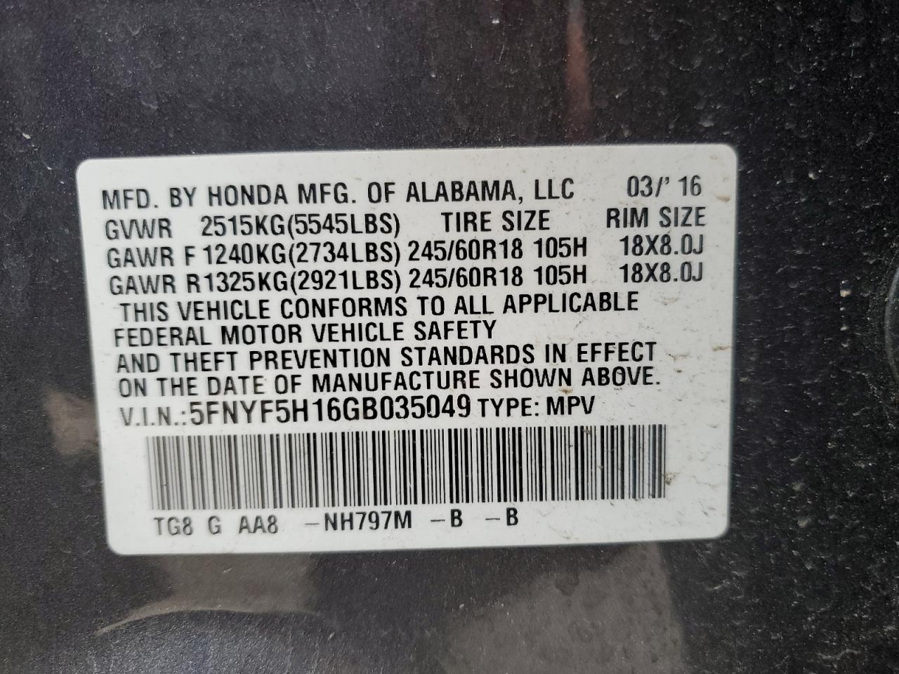 2016 Honda Pilot Lx VIN: 5FNYF5H16GB035049 Lot: 56000245