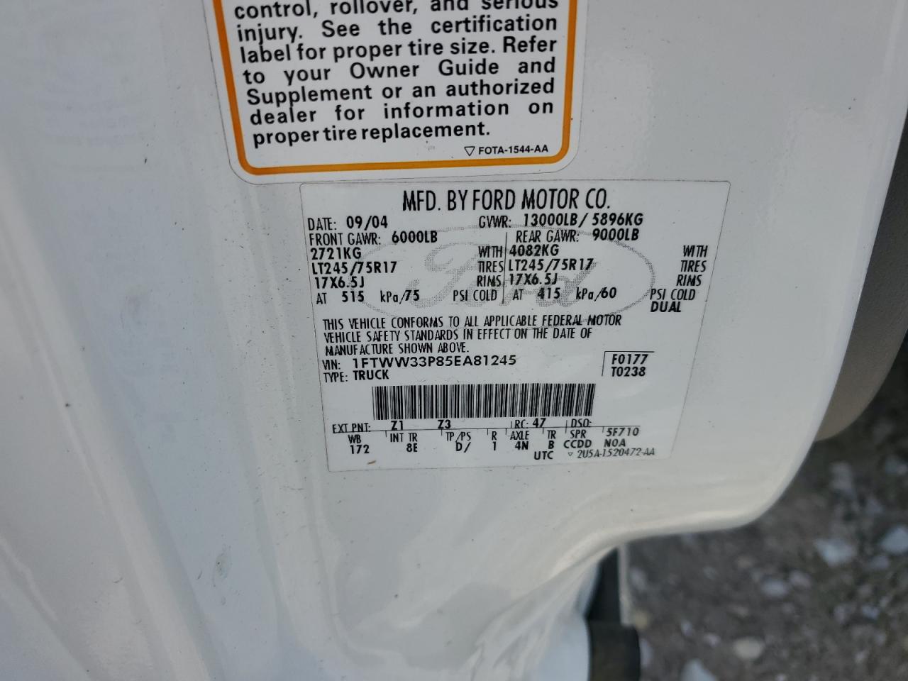 2005 Ford F350 Super Duty VIN: 1FTWW33P85EA81245 Lot: 56907035