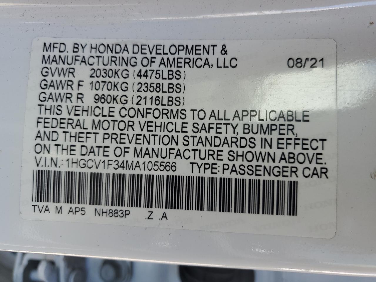 1HGCV1F34MA105566 HONDA ACCORD 2021