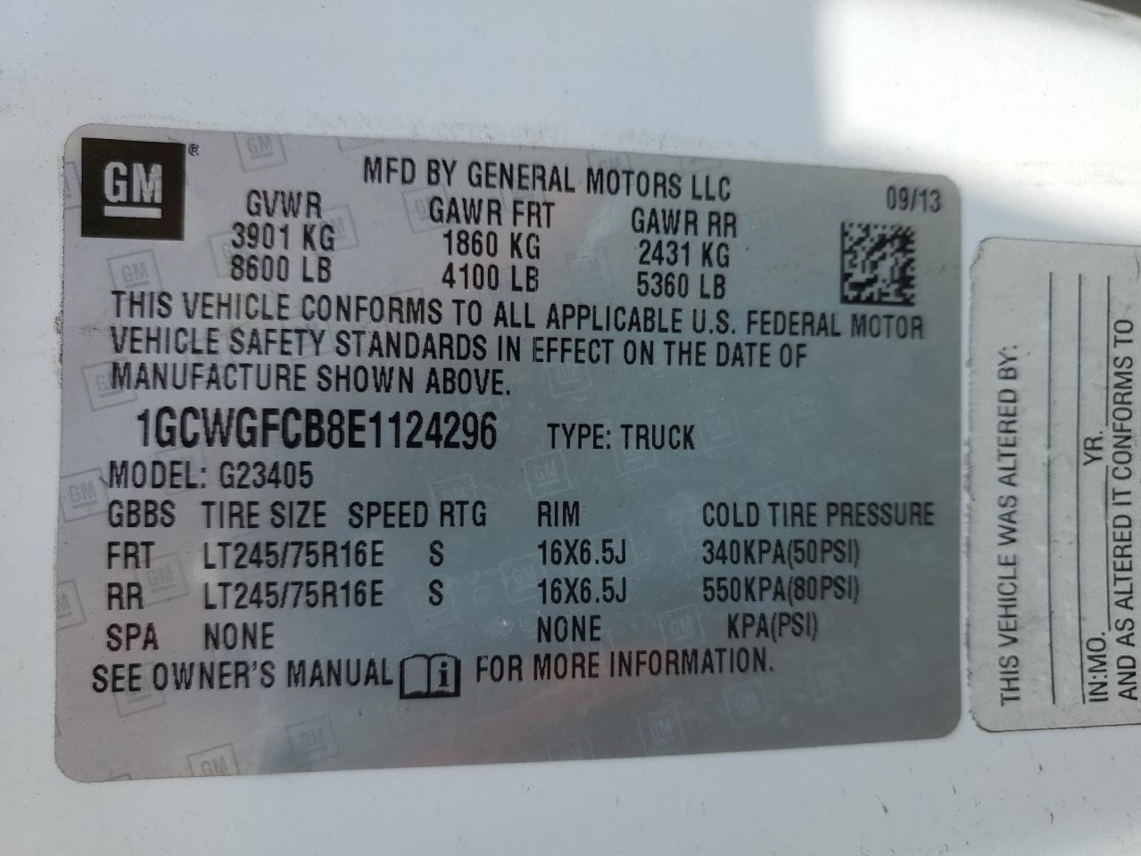 2014 Chevrolet Express G2500 VIN: 1GCWGFCB8E1124296 Lot: 57453345