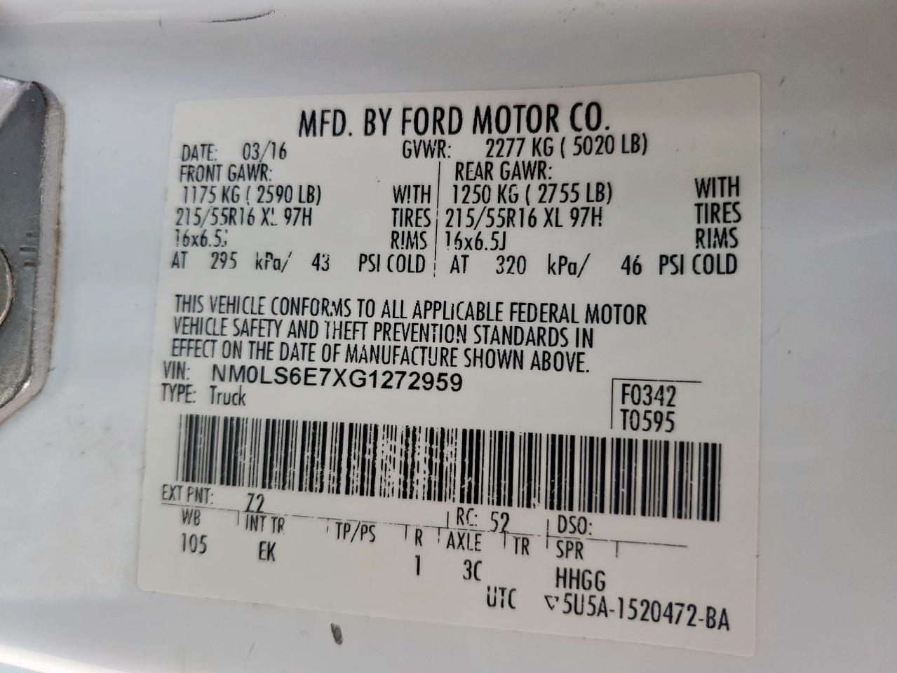 2016 Ford Transit Connect Xl VIN: NM0LS6E7XG1272959 Lot: 55492665