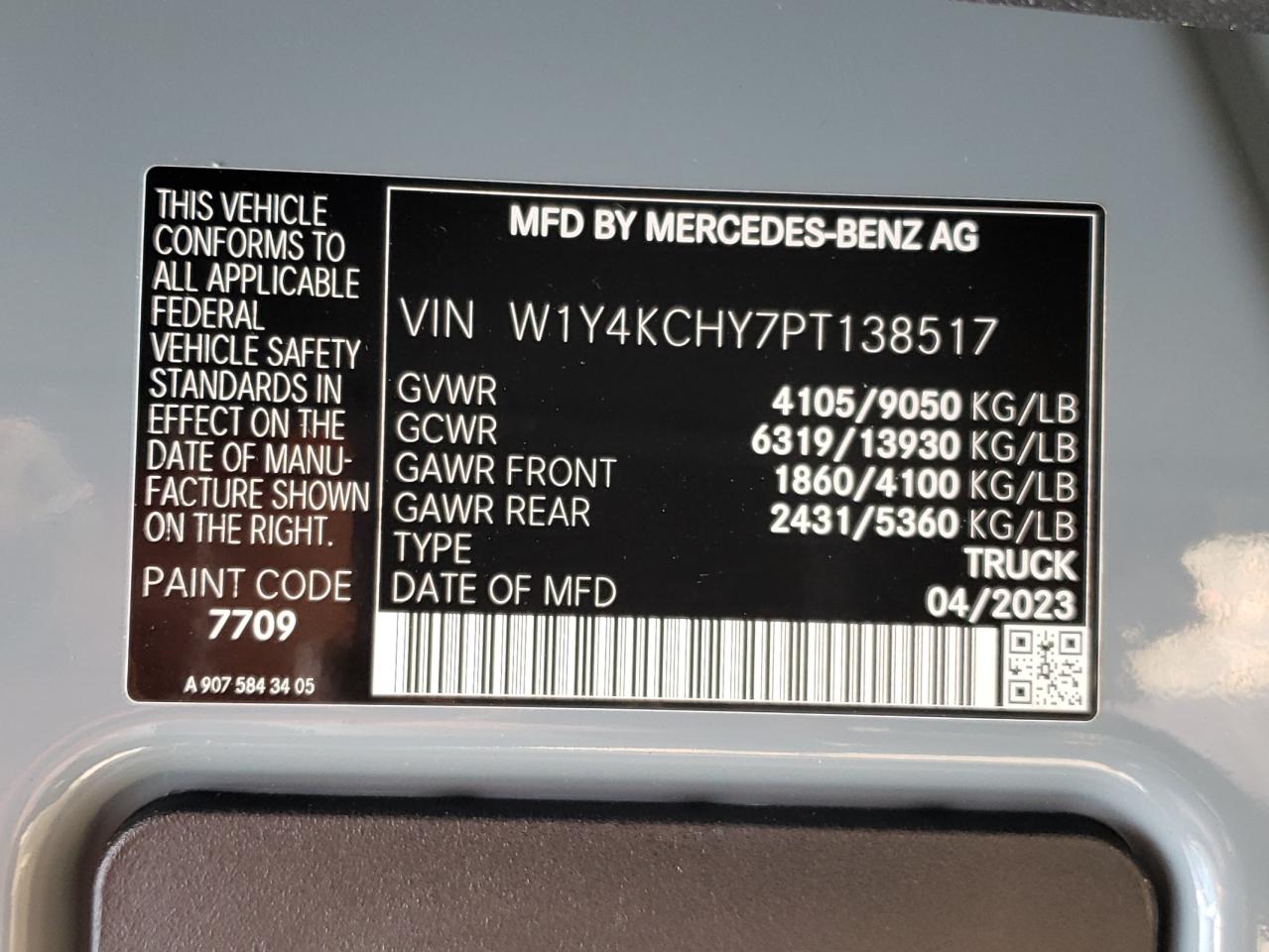 2023 Mercedes-Benz Sprinter 2500 VIN: W1Y4KCHY7PT138517 Lot: 57204975
