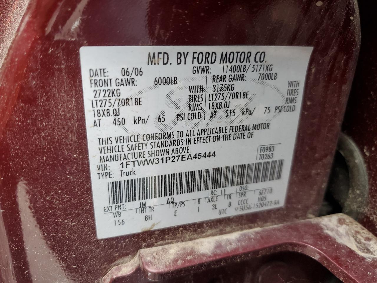 2007 Ford F350 Srw Super Duty VIN: 1FTWW31P27EA45444 Lot: 57029005