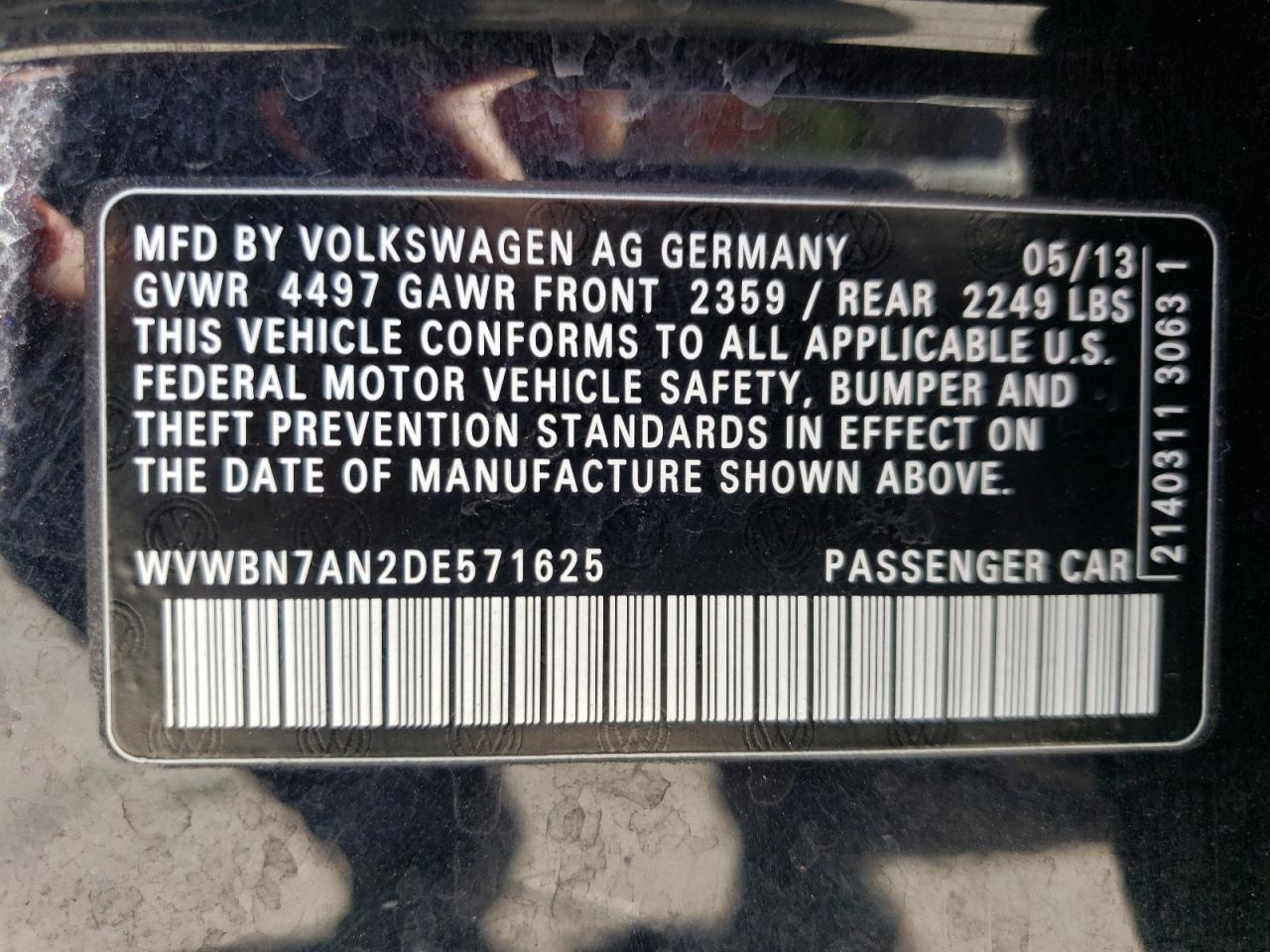 2013 Volkswagen Cc Sport VIN: WVWBN7AN2DE571625 Lot: 57043695