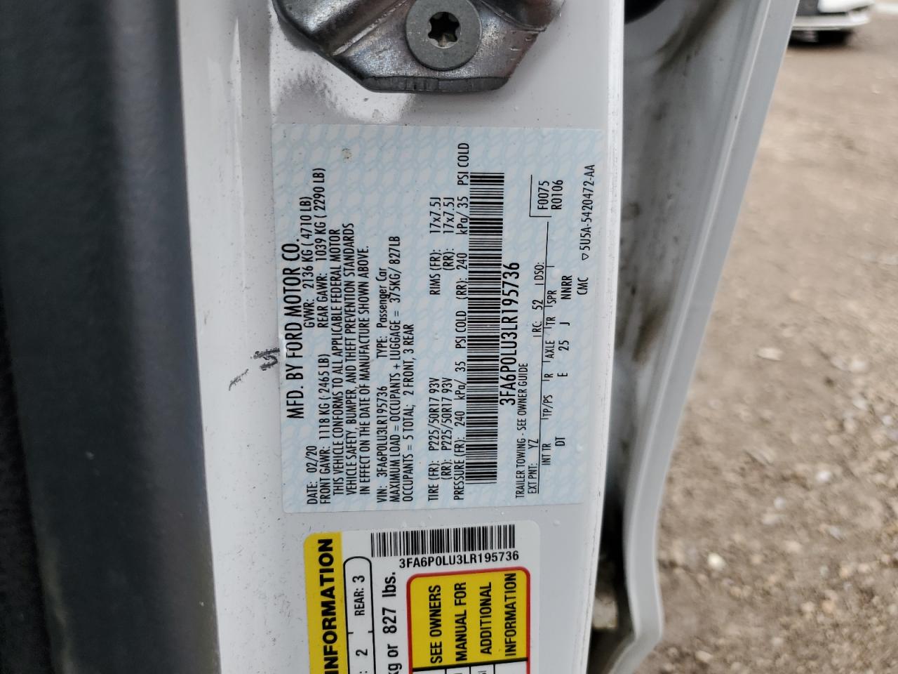 2020 Ford Fusion Se VIN: 3FA6P0LU3LR195736 Lot: 54027545