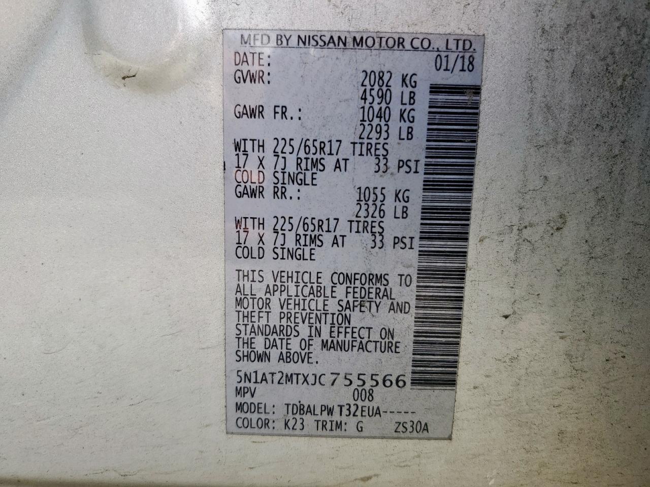 2018 Nissan Rogue S VIN: 5N1AT2MTXJC755566 Lot: 56970665