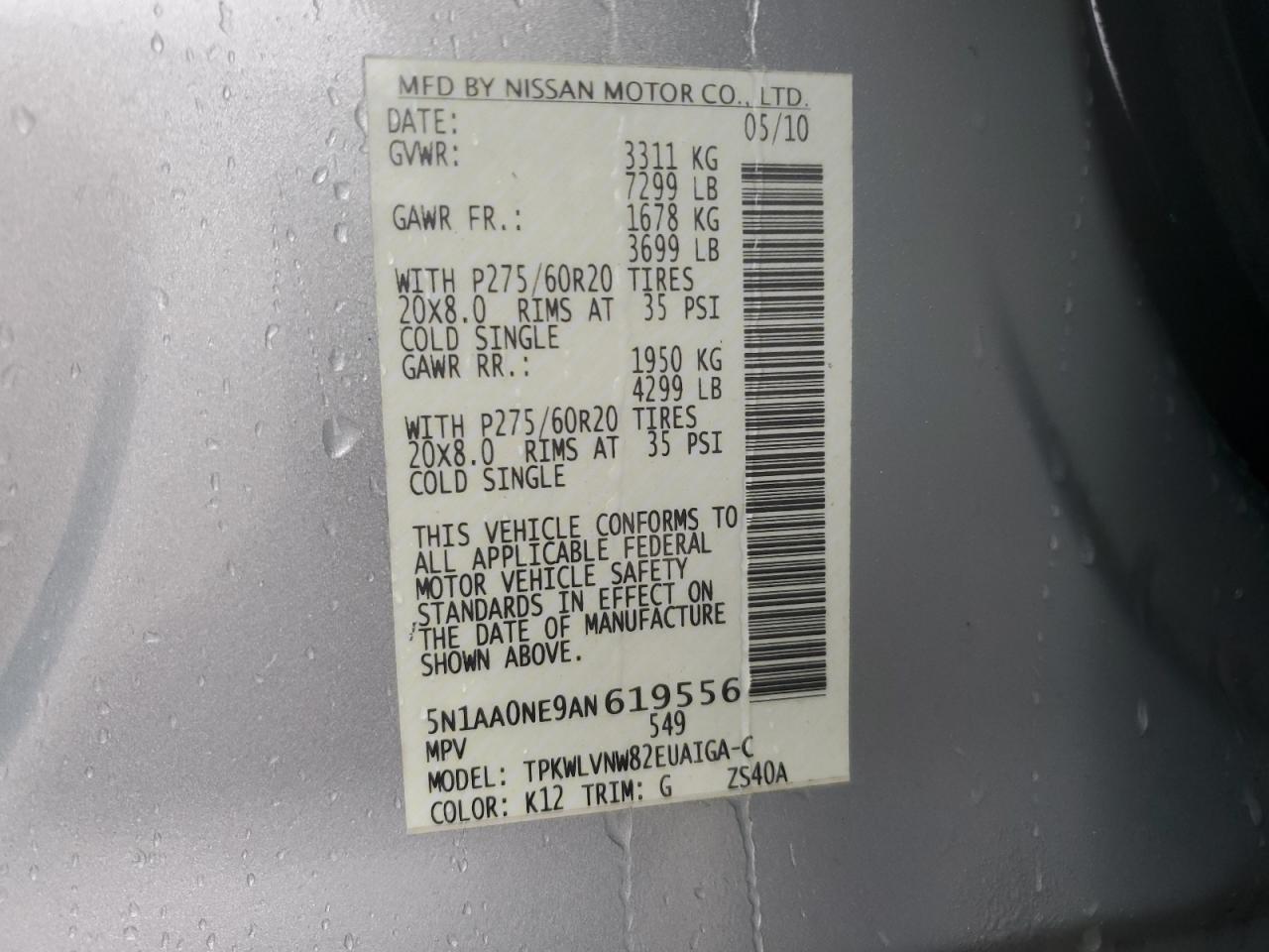 2010 Nissan Armada Platinum VIN: 5N1AA0NE9AN619556 Lot: 56463085