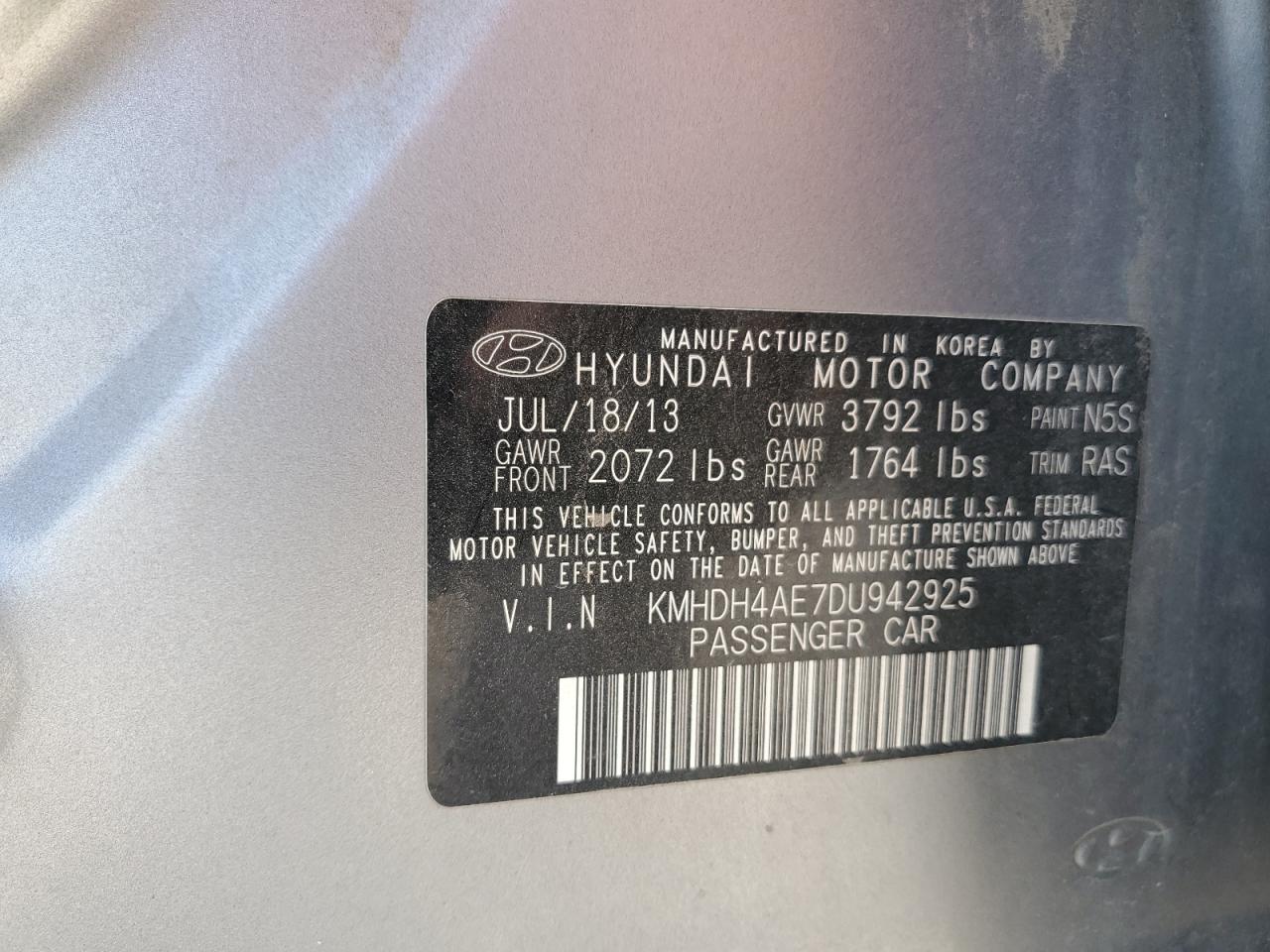 2013 Hyundai Elantra Gls VIN: KMHDH4AE7DU942925 Lot: 57130115