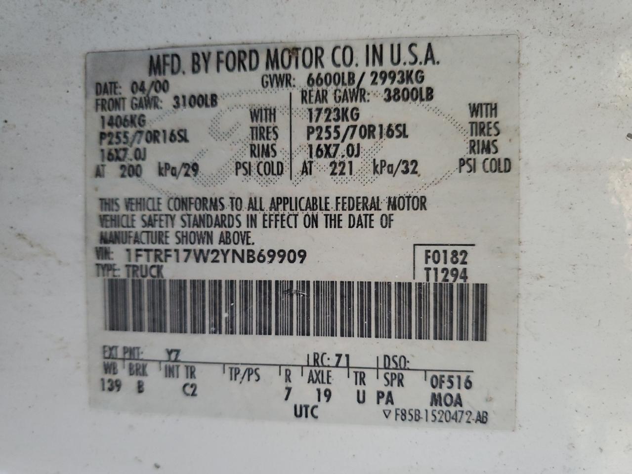 2000 Ford F150 VIN: 1FTRF17W2YNB69909 Lot: 56903205