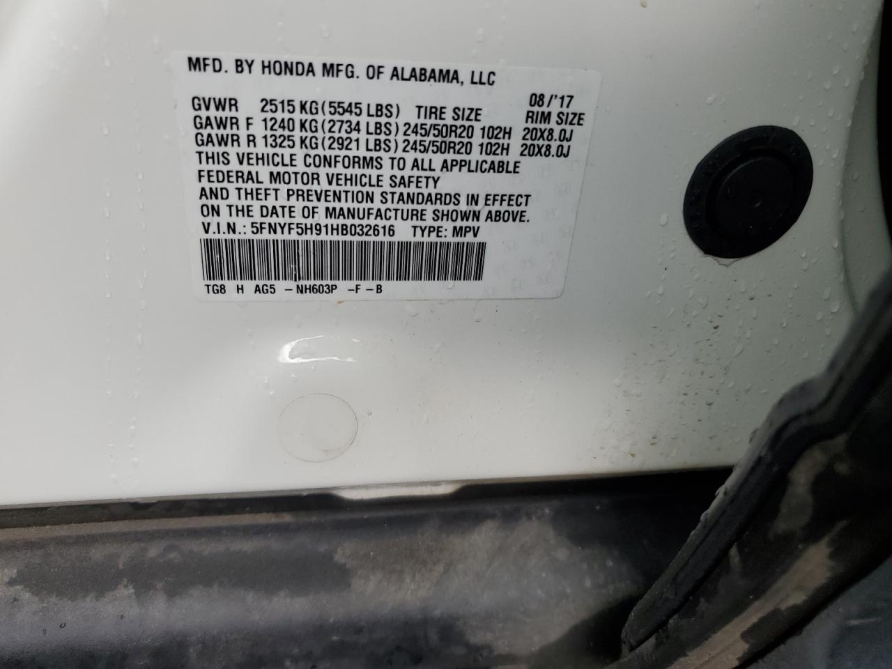 5FNYF5H91HB032616 HONDA PILOT 2017