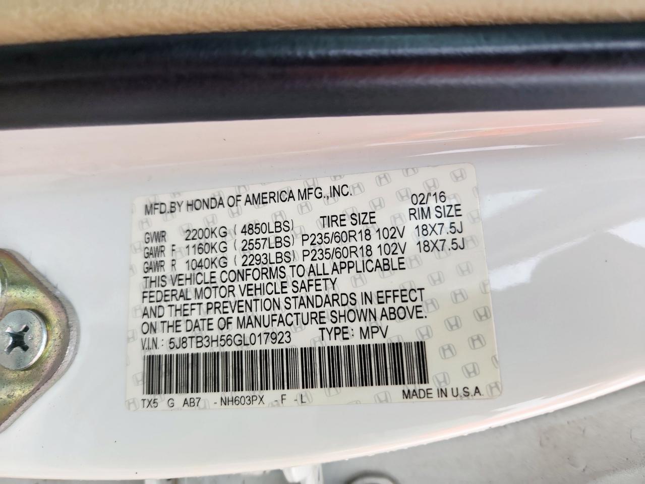 2016 Acura Rdx Technology VIN: 5J8TB3H56GL017923 Lot: 56315055