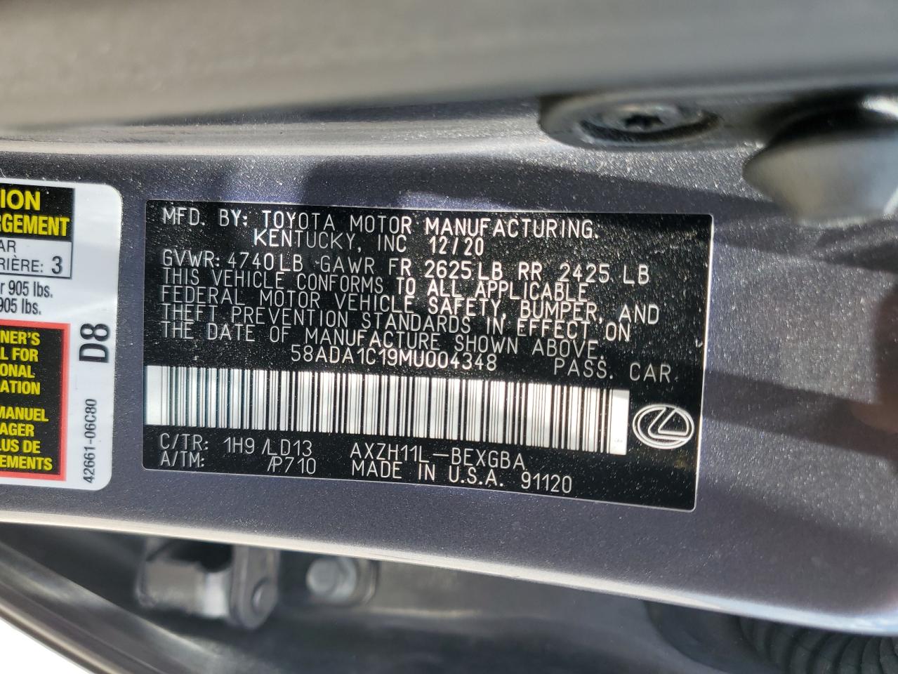 2021 Lexus Es 300H VIN: 58ADA1C19MU004348 Lot: 56842645