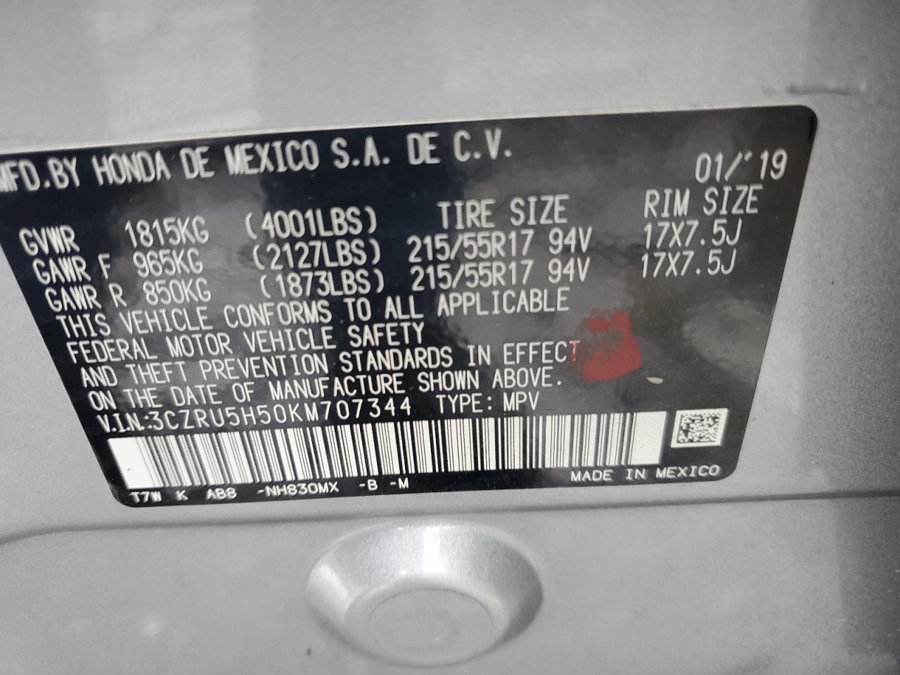 2019 Honda Hr-V Ex VIN: 3CZRU5H50KM707344 Lot: 57182345