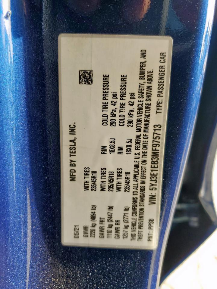 2021 Tesla Model 3 VIN: 5YJ3E1EB3MF975713 Lot: 56130315