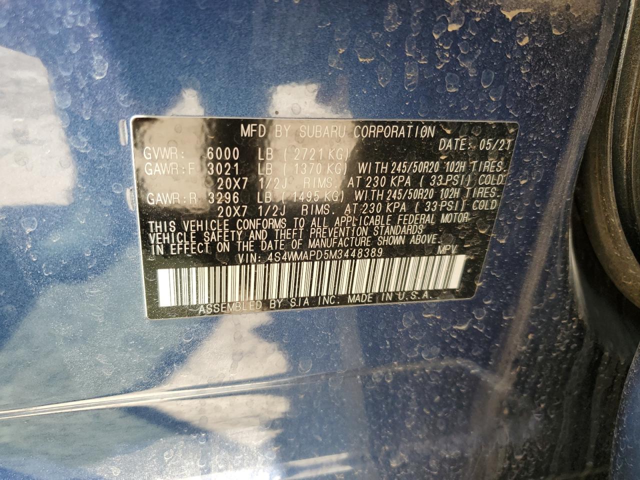 2021 Subaru Ascent Limited VIN: 4S4WMAPD5M3448389 Lot: 56368975
