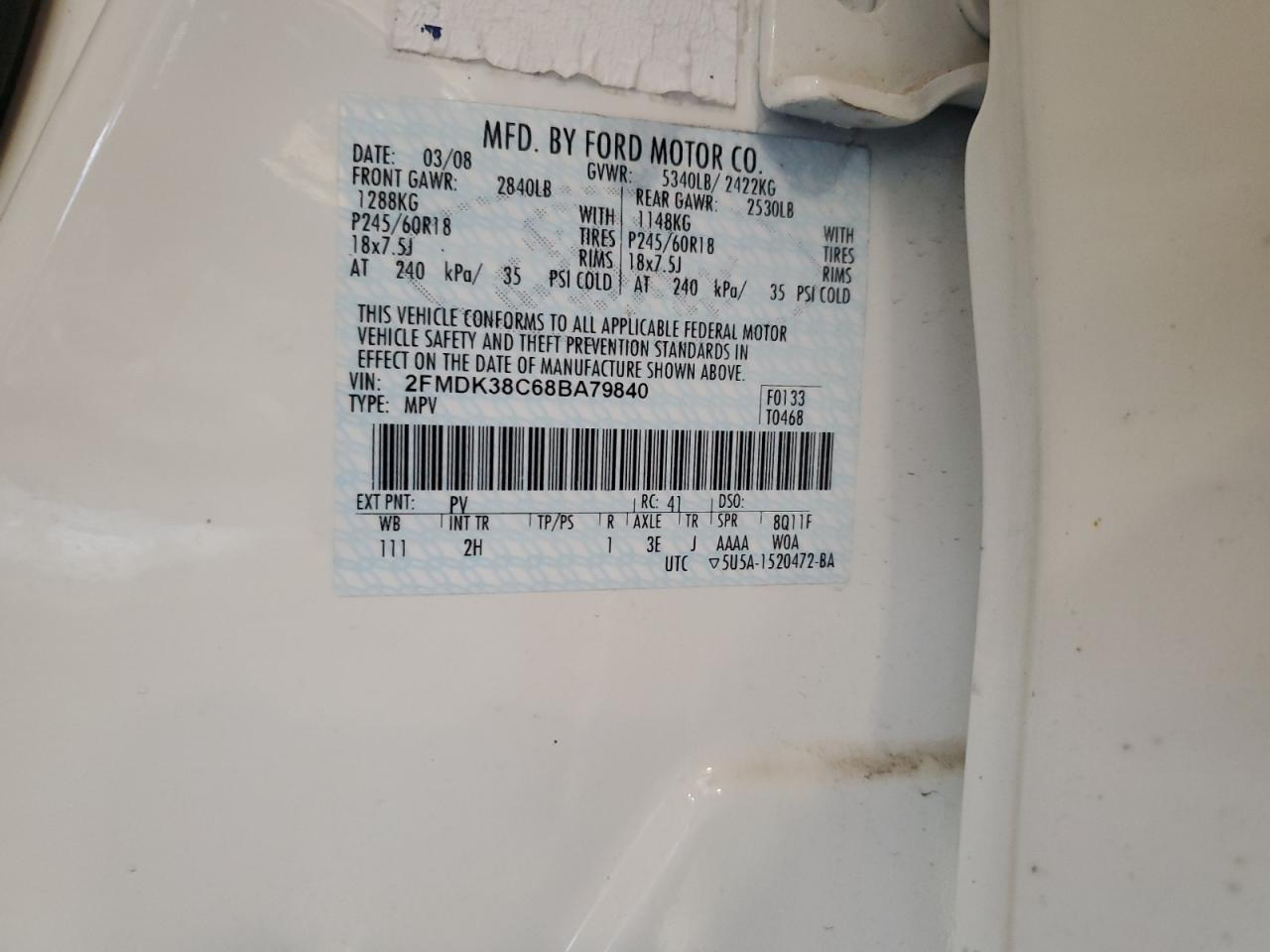 2008 Ford Edge Sel VIN: 2FMDK38C68BA79840 Lot: 56839325