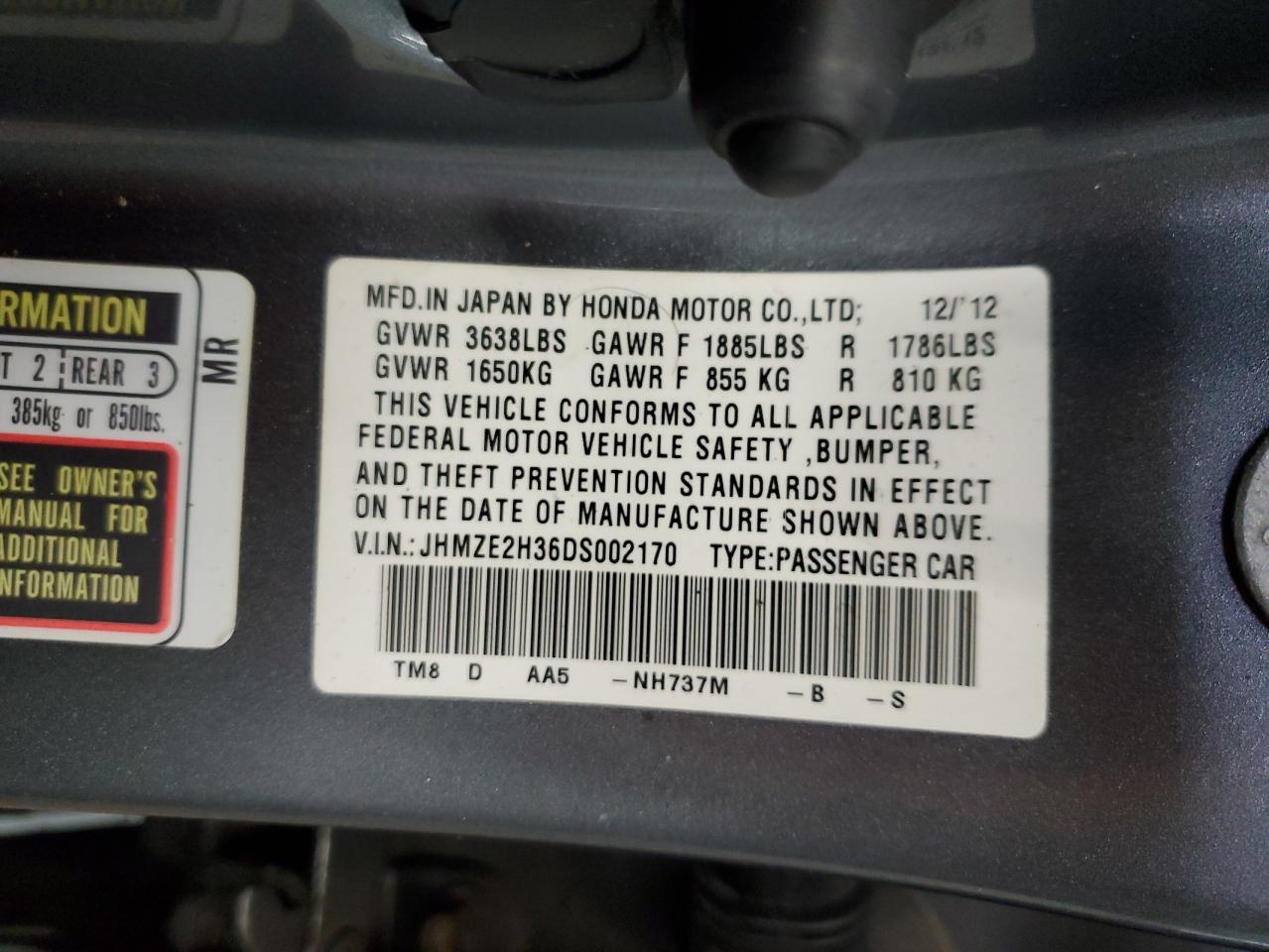 2013 Honda Insight VIN: JHMZE2H36DS002170 Lot: 56276445