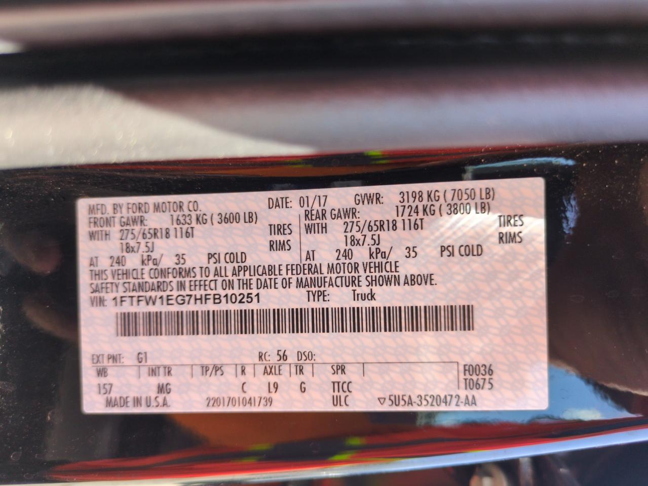2017 Ford F150 Supercrew VIN: 1FTFW1EG7HFB10251 Lot: 57119145