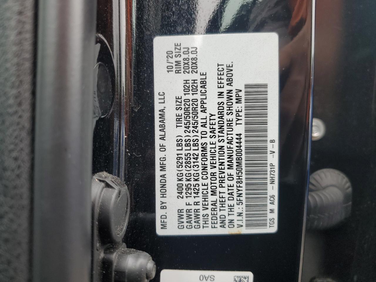 2021 Honda Passport Exl VIN: 5FNYF8H50MB004444 Lot: 56404505