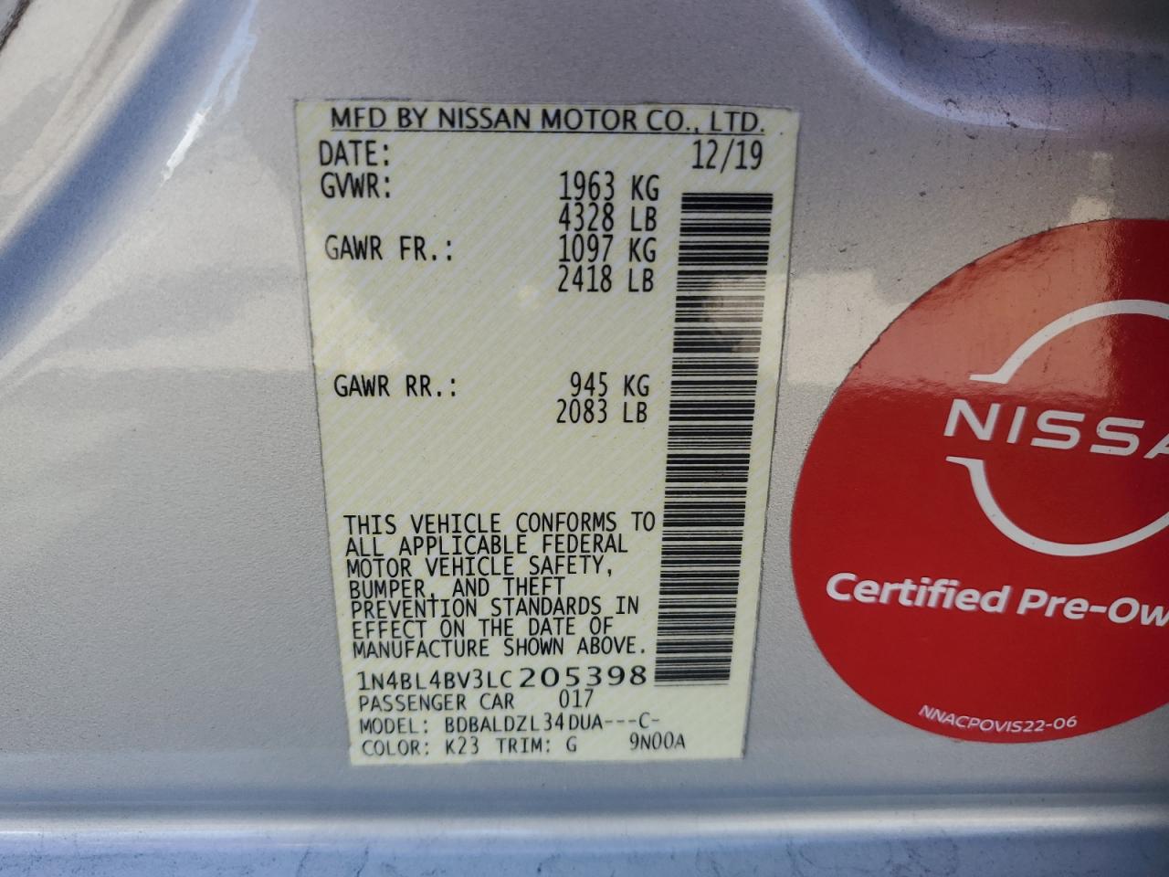 2020 Nissan Altima S VIN: 1N4BL4BV3LC205398 Lot: 57300595